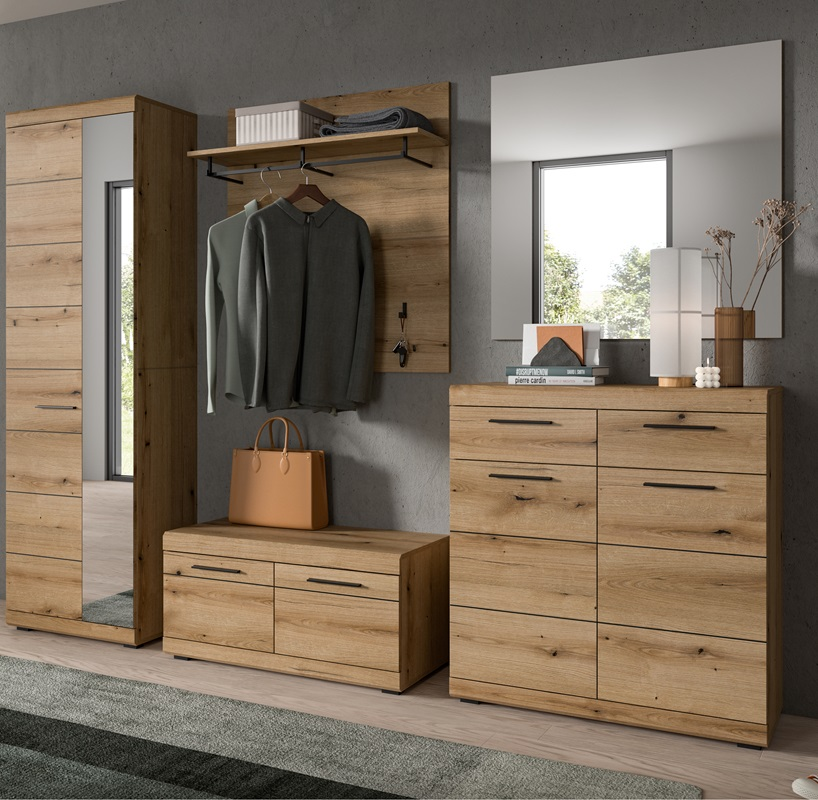 Mobile ingresso moderno appendiabiti specchio 272xH197 cm rovere Bloom