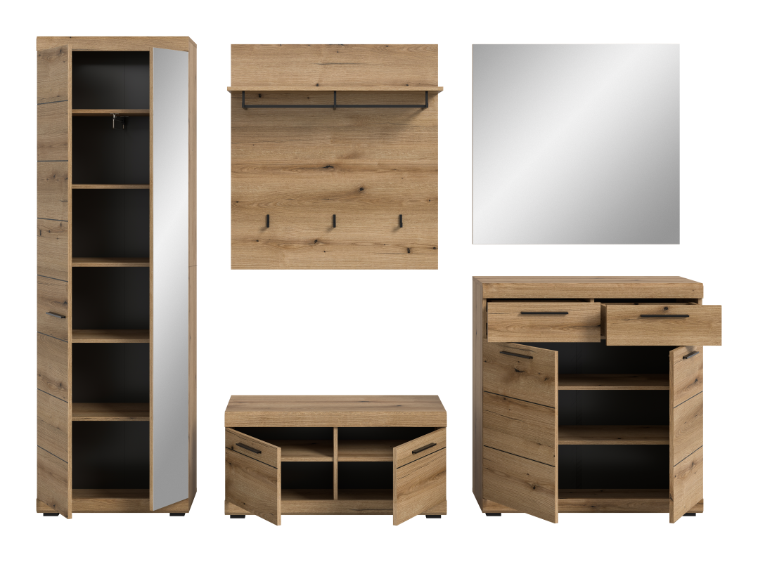 Mobile ingresso moderno appendiabiti specchio 272xH197 cm rovere Bloom