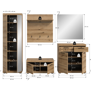 Mobile ingresso moderno appendiabiti specchio 272xH197 cm rovere Bloom