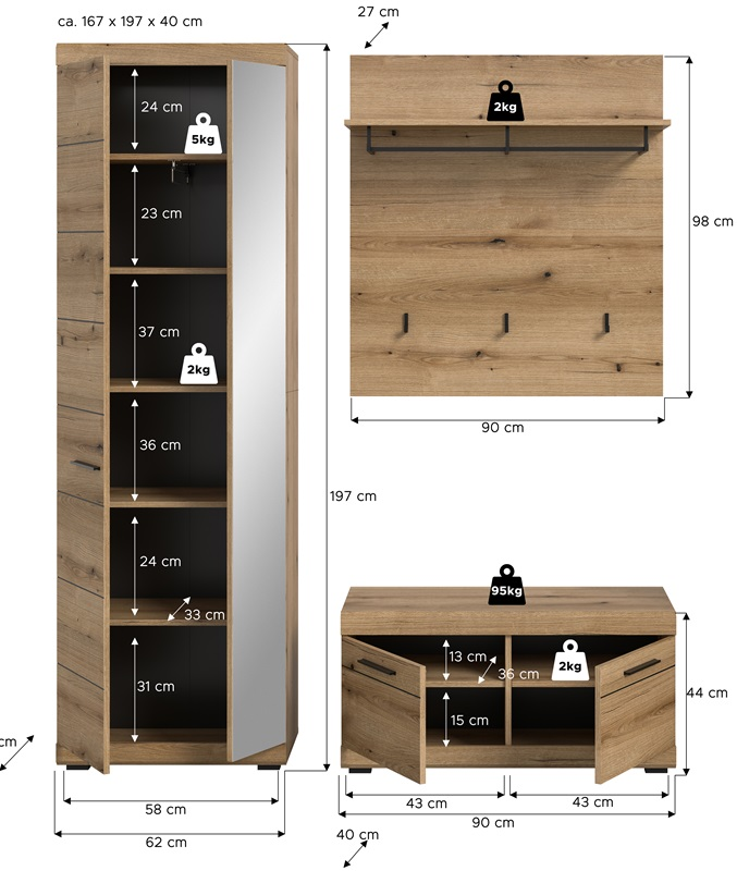 Mobile ingresso moderno appendiabiti specchio 167xH197 cm rovere Bloom
