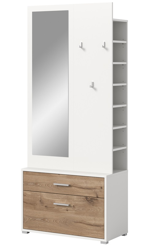 Mobile ingresso appendiabiti con specchio scarpiera 80xH190 bianco rovere Elyon