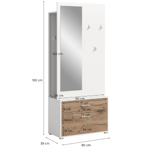 Mobile ingresso appendiabiti con specchio scarpiera 80xH190 bianco rovere Elyon