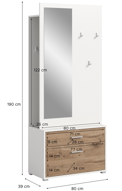 Mobile ingresso appendiabiti con specchio scarpiera 80xH190 bianco rovere Elyon