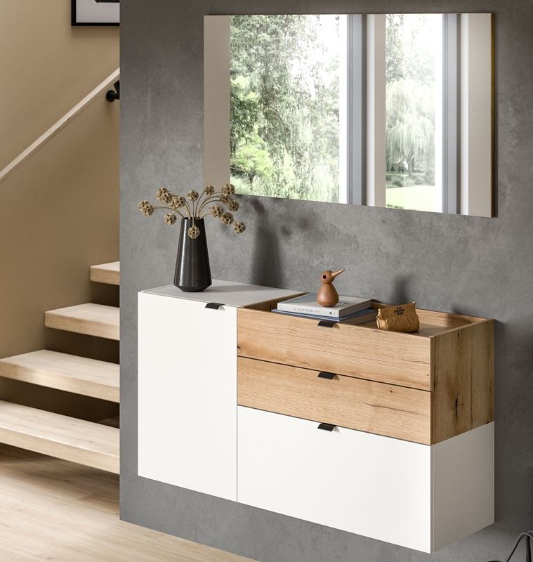 Mobile ingresso moderno specchio 120xH194 bianco rovere Liria