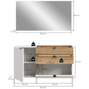 Mobile ingresso moderno specchio 120xH194 bianco rovere Liria