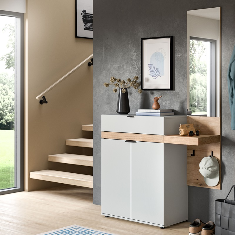 Mobile ingresso moderno specchio 110xH194 bianco rovere Liria