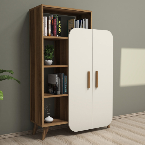 Libreria moderna soggiorno 2 ante 90xH132 cm rovere bianco Fendro
