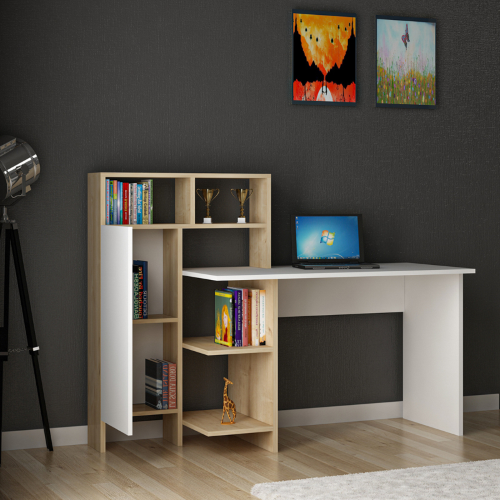 Scrivania moderna attrezzata libreria ufficio 136xH112 cm bianco rovere Orbit