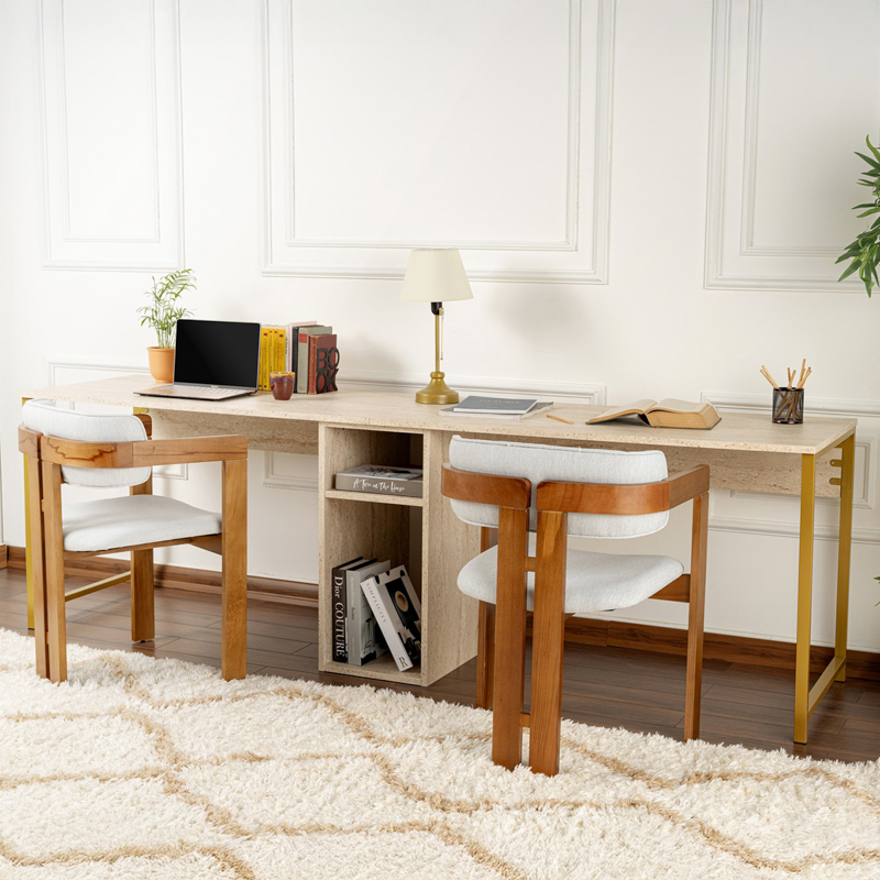 Scrivania doppia moderna 240xH74 cm libreria beige oro Center