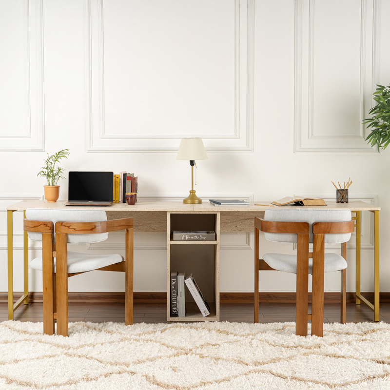 Scrivania doppia moderna 240xH74 cm libreria beige oro Center