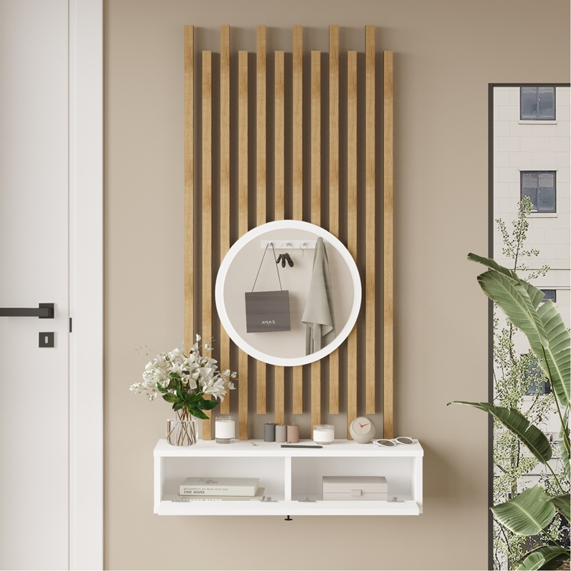 Mobile ingresso moderno specchio 80xH140 bianco rovere Mina