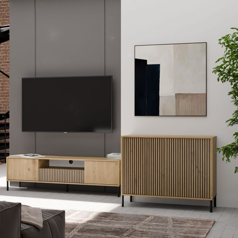 Credenza madia moderna 2 ante cannettato 103,5xH82,5 rovere nero Juca