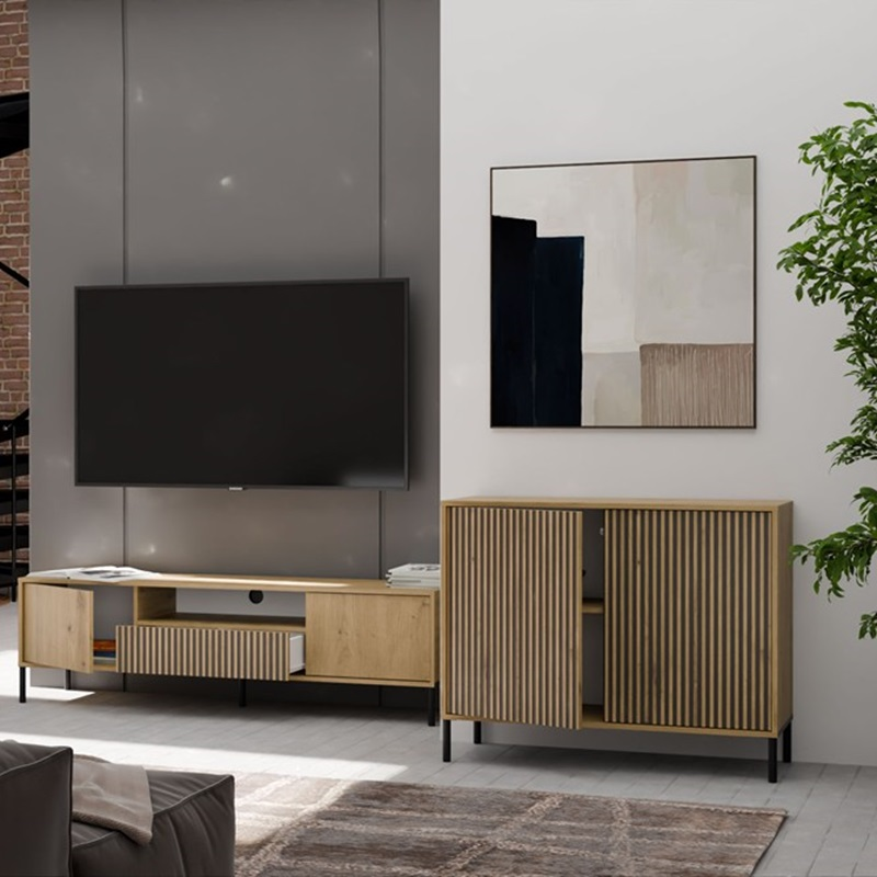 Credenza madia moderna 2 ante cannettato 103,5xH82,5 rovere nero Juca