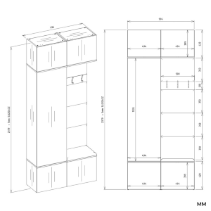 Mobile ingresso moderno 100xH238 cm specchio cassapanca rovere antracite Berlino