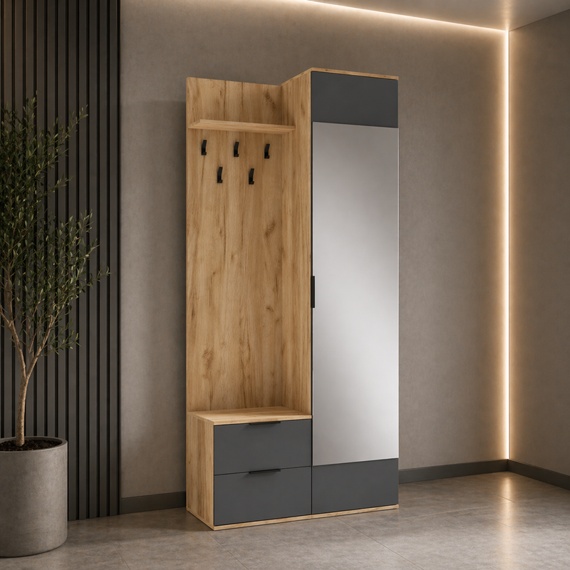 Mobile ingresso moderno 100 cm specchio appendiabiti rovere antracite Nivea