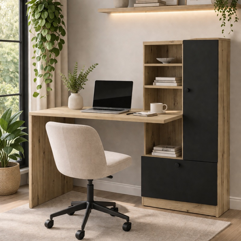 Scrivania parete attrezzata moderna design 150xH120 rovere nero Hugo