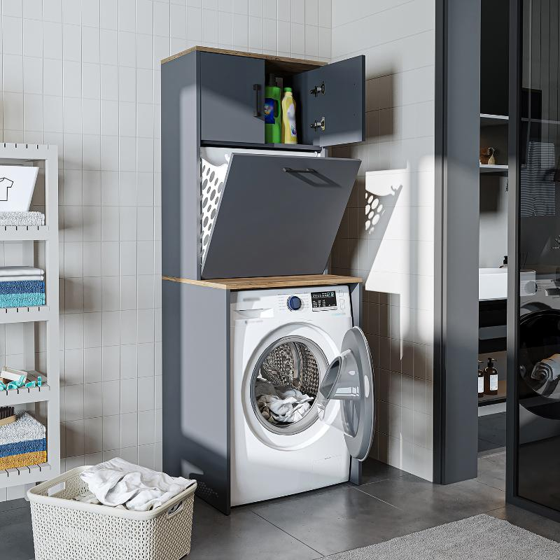 Mobile lavatrice lavanderia 1 cesto portabiancheria 65xH180 antracite rovere Goccia