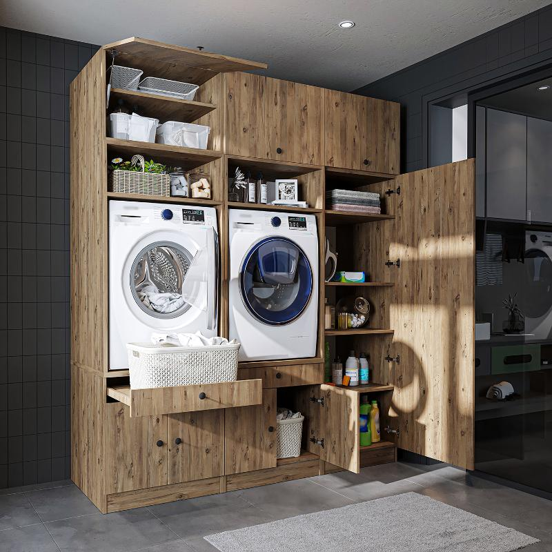 Mobile lavatrice asciugatrice lavanderia 194xH230 con ante rovere Domus