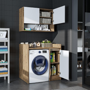 Mobile coprilavatrice moderno con mobiletto reversibile pensile sospeso 100 cm rovere bianco Nova