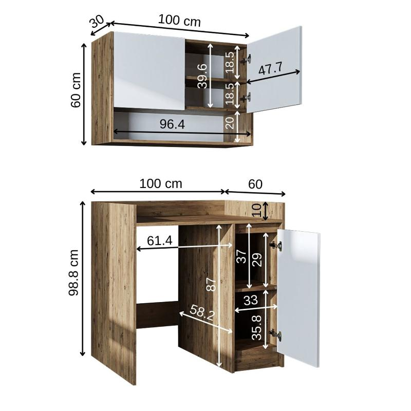 Mobile coprilavatrice moderno con mobiletto reversibile pensile sospeso 100 cm rovere bianco Nova
