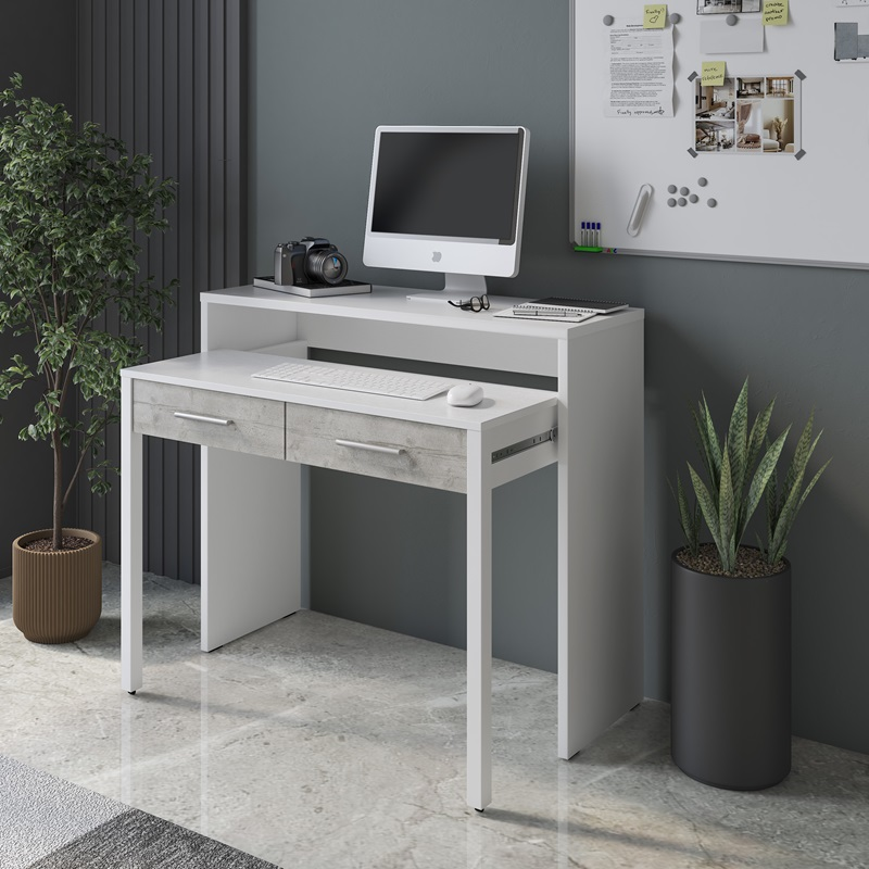 Scrivania salvaspazio moderna ufficio 99xH87 cm estraibile bianco grigio cemento Alim