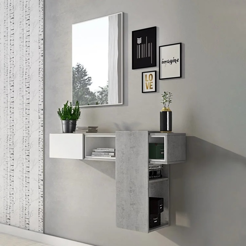 Mobile ingresso sospeso moderno specchio 100xH185 bianco grigio cemento Elora