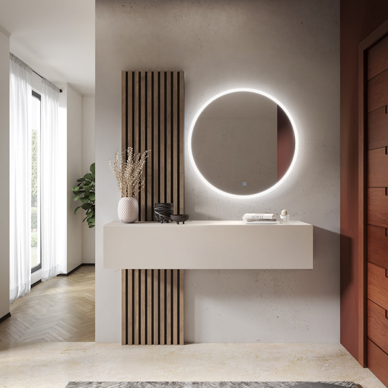 Mobile ingresso moderno sospeso specchio rotondo led 138xH200 noce beige cashmere Lumi