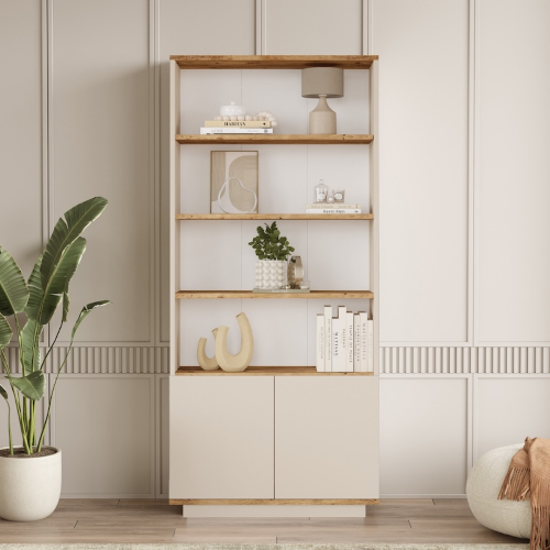 Libreria moderna soggiorno design 75xH168 cm 2 ante beige rovere Eliot