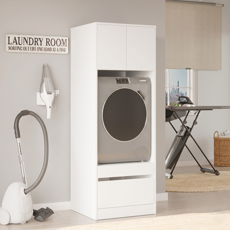 Mobile lavatrice asciugatrice lavanderia 2 ante 65xH183 con vani bianco Cloe