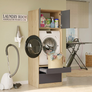 Mobile lavatrice asciugatrice lavanderia 4 ante 130xH183 con vani rovere antracite Cloe
