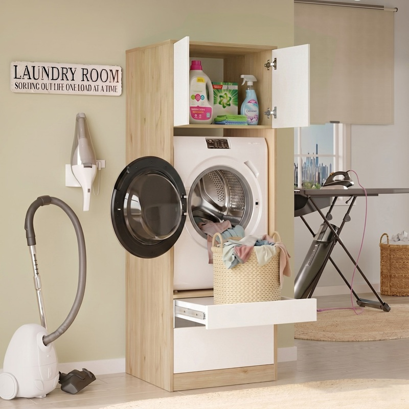 Mobile lavatrice asciugatrice lavanderia 4 ante 130xH183 con vani rovere bianco Cloe