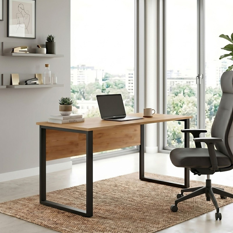 Scrivania ufficio moderna lineare gambe metallo 140xH75 rovere nero Vertice