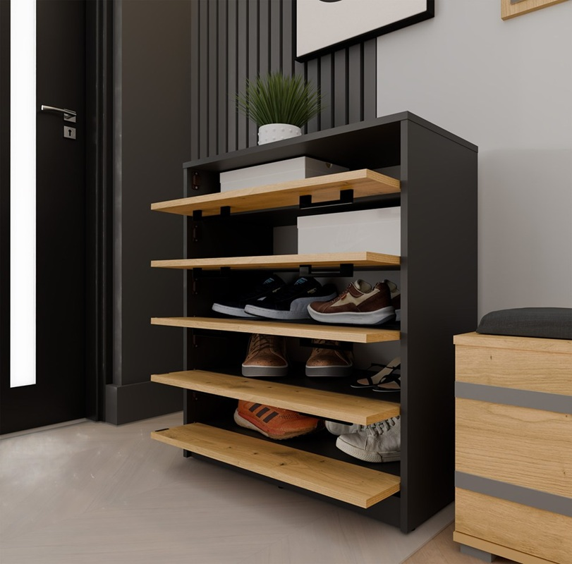 Scarpiera ingresso salvaspazio moderna 74xH85 5 ripiani rovere antracite Elysia