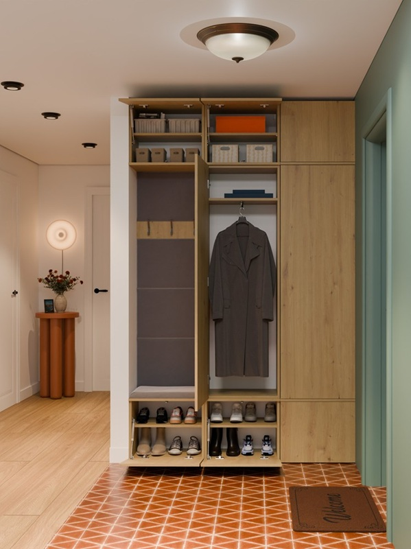 Mobile ingresso moderno 150xH238 cm doppio armadio cassapanca quercia Berlino