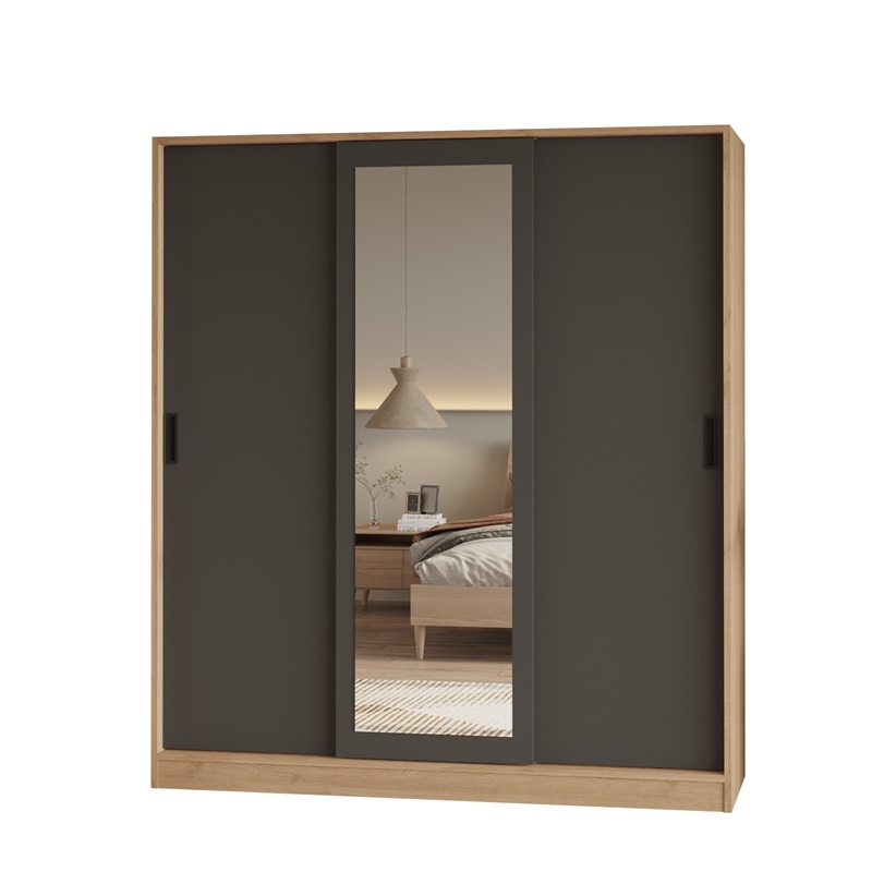 Armadio 3 ante scorrevoli specchio moderno 160xH180 rovere antracite Gima