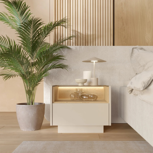 Comodino moderno con led 1 cassetto 1 ripiano a vista camera da letto 53xH43 cm beige rovere Allison