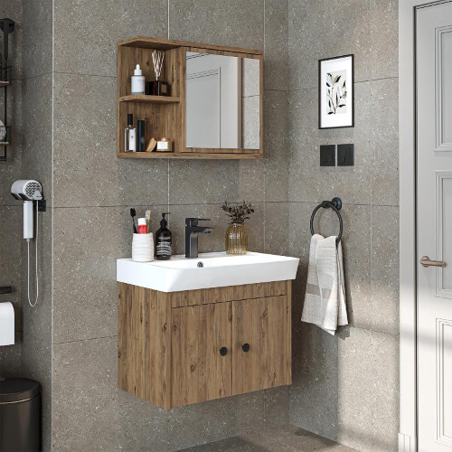 Mobile bagno sospeso lavabo specchio 60 cm rovere Cascade