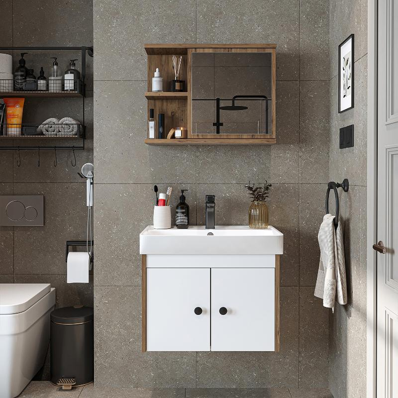 Mobile bagno sospeso lavabo specchio 60 cm rovere bianco Cascade
