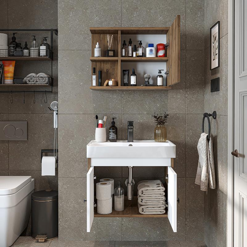 Mobile bagno sospeso lavabo specchio 60 cm rovere bianco Cascade