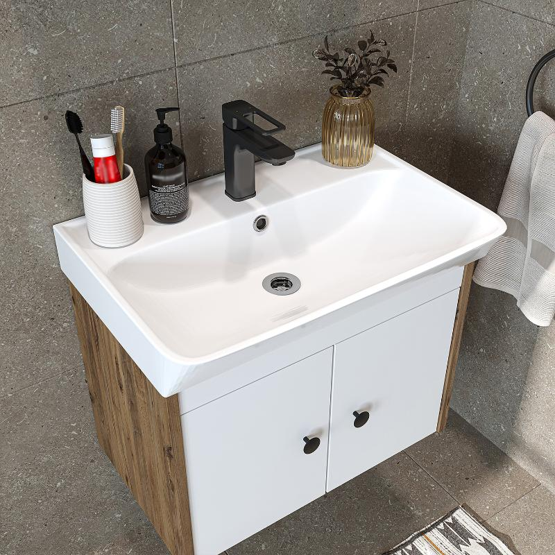 Mobile bagno sospeso lavabo specchio 60 cm rovere bianco Cascade