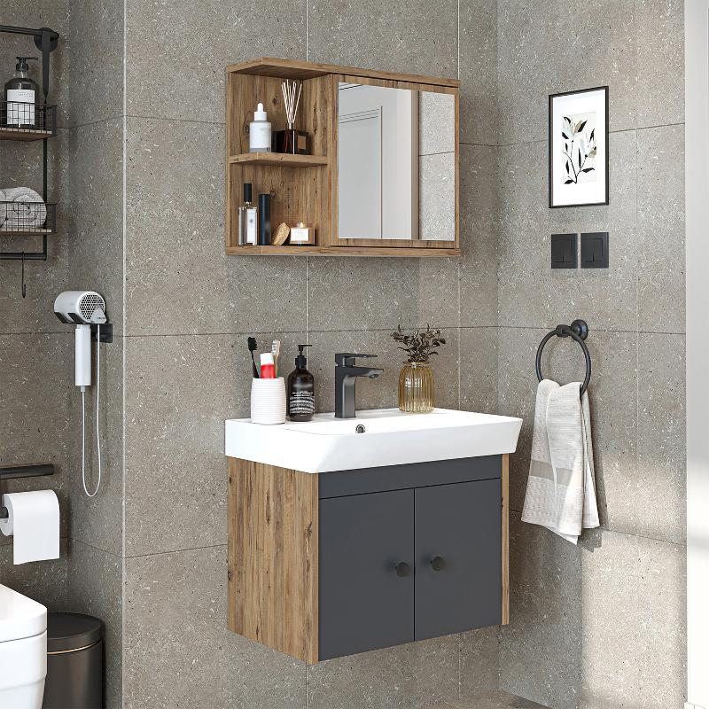 Mobile bagno sospeso lavabo specchio 60 cm rovere antracite Cascade