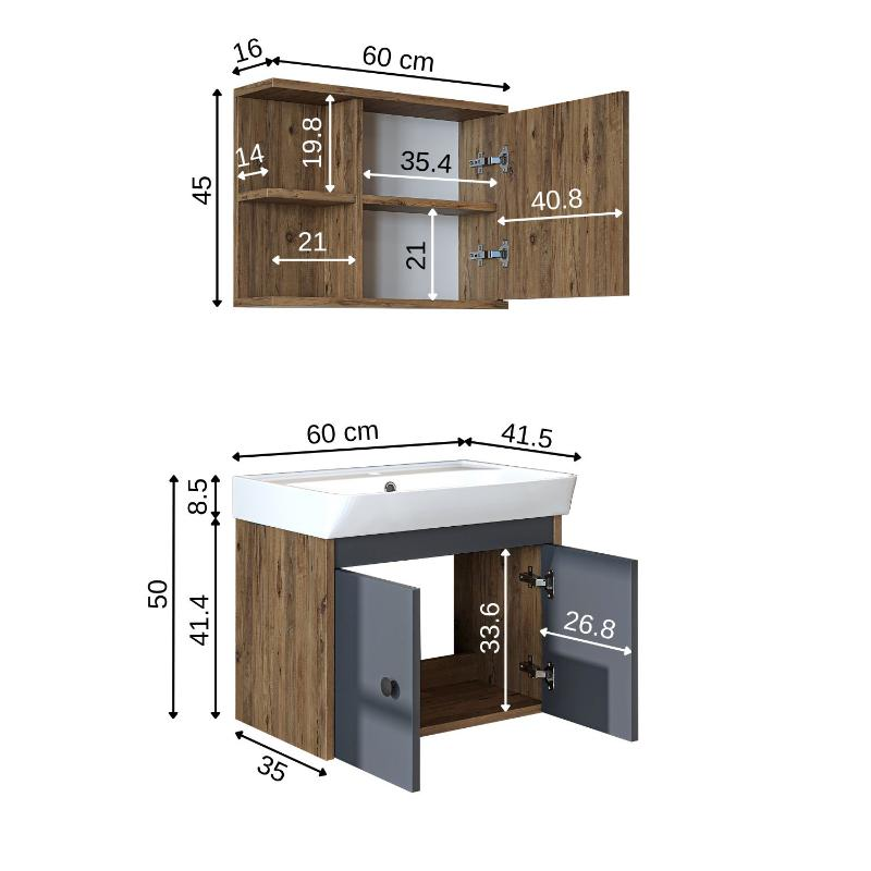 Mobile bagno sospeso lavabo specchio 60 cm rovere antracite Cascade