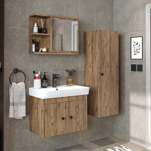 Mobile bagno completo sospeso lavabo specchio colonna 60 cm rovere Cascade