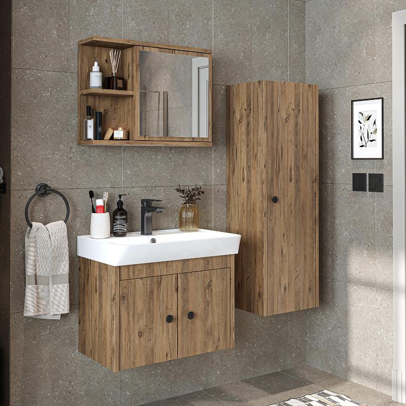 Mobile bagno completo sospeso lavabo specchio colonna 60 cm rovere Cascade
