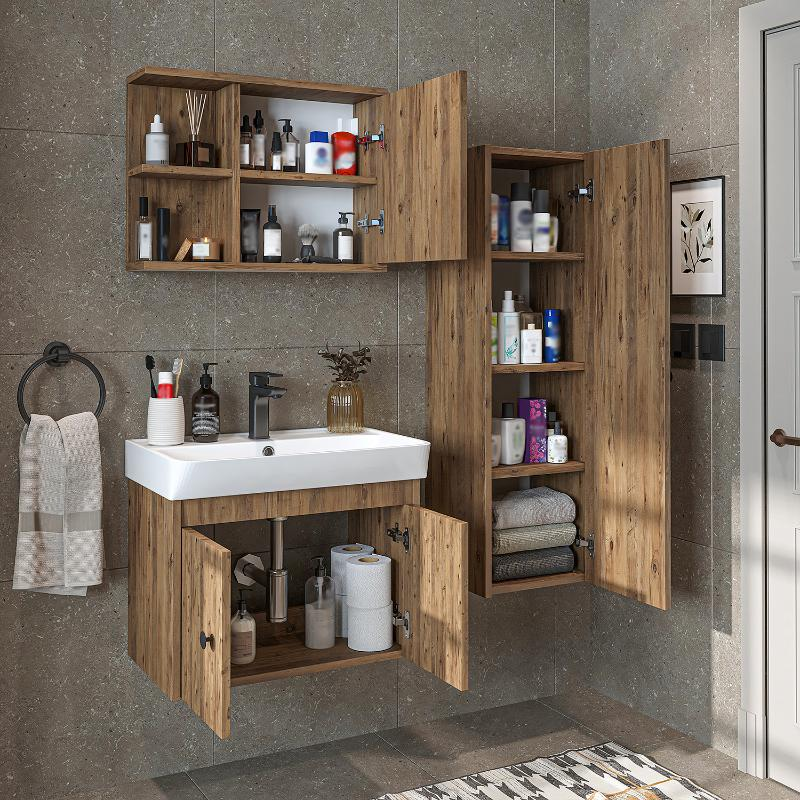 Mobile bagno completo sospeso lavabo specchio colonna 60 cm rovere Cascade