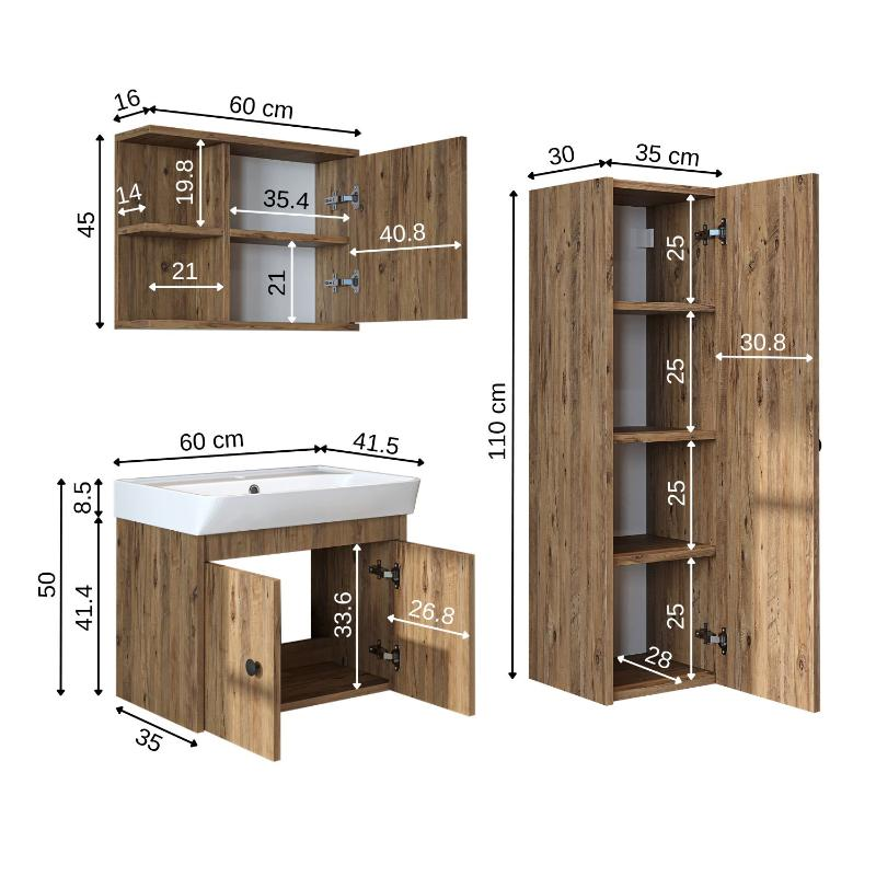 Mobile bagno completo sospeso lavabo specchio colonna 60 cm rovere Cascade