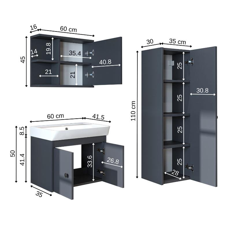 Mobile bagno completo sospeso lavabo specchio colonna 60 cm antracite Cascade