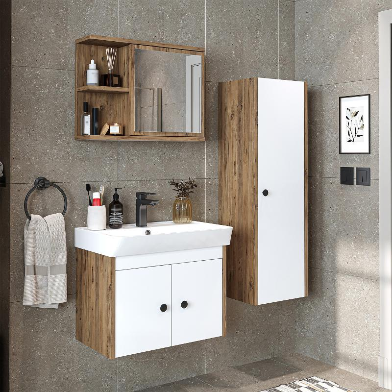 Mobile bagno completo sospeso lavabo specchio colonna 60 cm rovere bianco Cascade