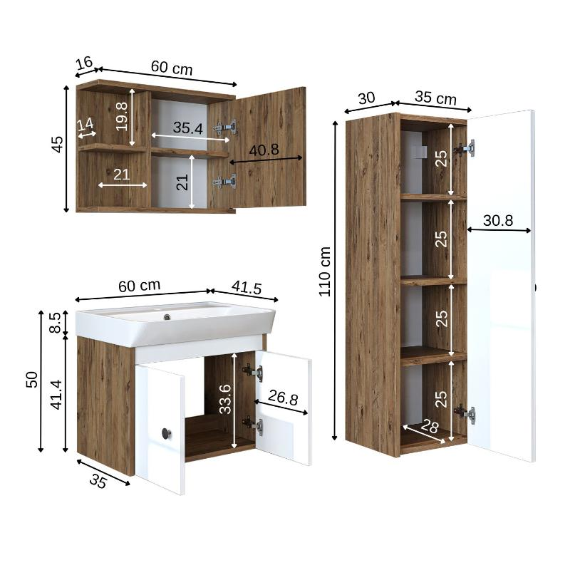 Mobile bagno completo sospeso lavabo specchio colonna 60 cm rovere bianco Cascade