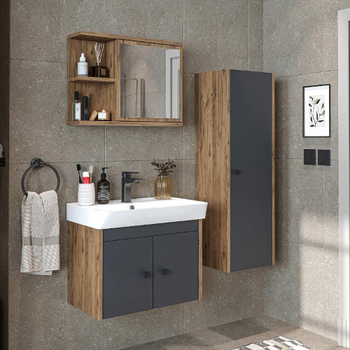 Mobile bagno completo sospeso lavabo specchio colonna 60 cm rovere antracite Cascade